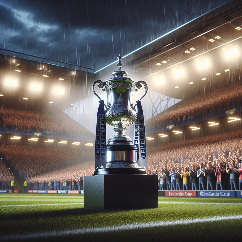 Dramatic midweek English football cup night under floodlights, packed stands with scarves, EFL Cup-style silver trophy on a plinth, light rain, cinematic 50mm, high contrast, vibrant colors, no logos or text, authentic stadium atmosphere