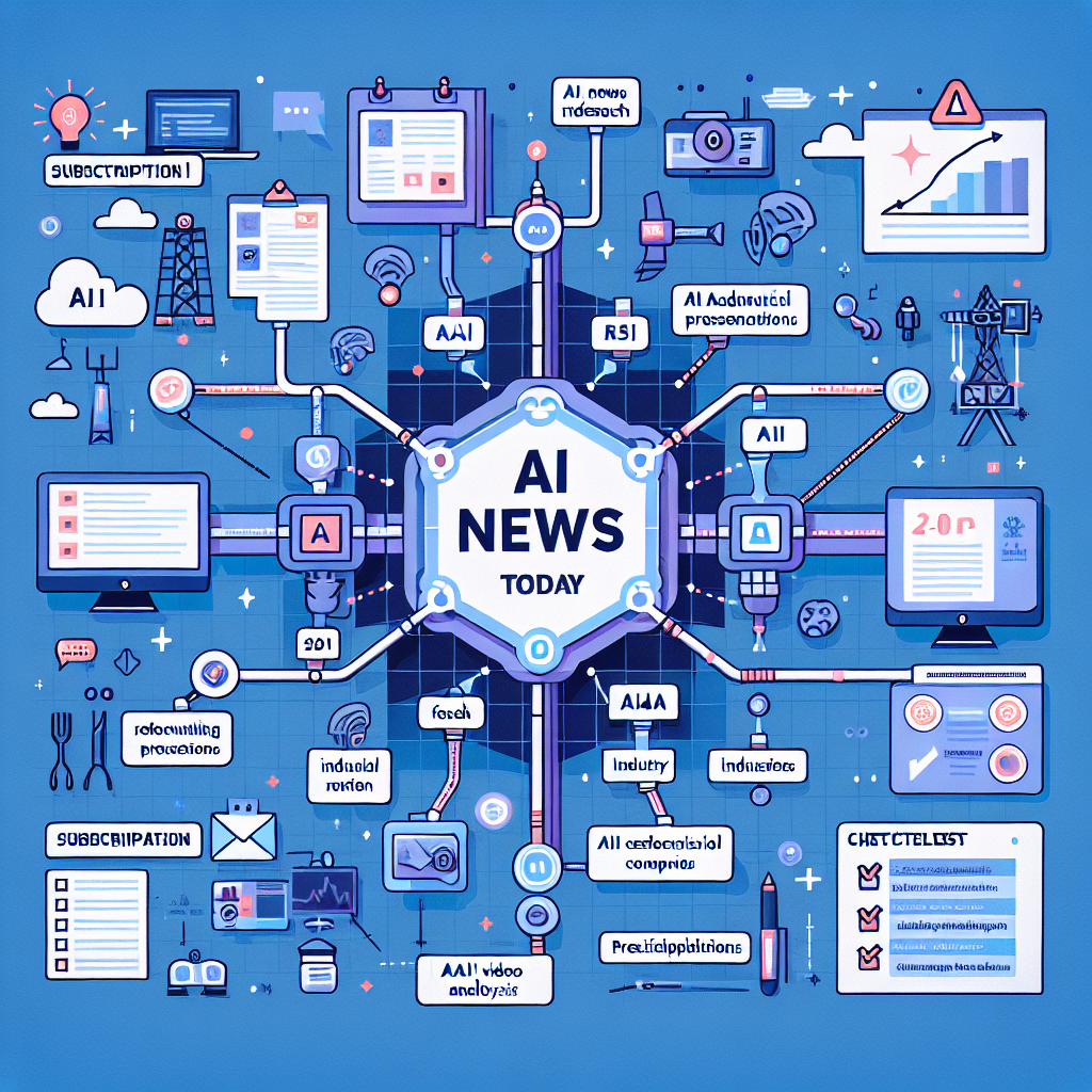 2025년 AI 뉴스 생태계를 한눈에 보여주는 인포그래픽. 중심에는 ‘ai news today’ 키워드, 세 갈래로 연구(AAAI 학술 발표), 산업(영국 50억 파운드 규모 투자), 현장 적용(통신3사의 AI 전환, AI CCTV 영상분석)이 배치된 다이어그램. 주변에는 구독 경로(알림, RSS, 뉴스레터), 체크리스트 아이콘(데이터, 출처, 재현성)이 정갈한 미니멀 벡터 스타일로 표현됨. 밝은 배경, 파랑/보라 계열, 한국어 라벨, 현대적 평면 디자인.