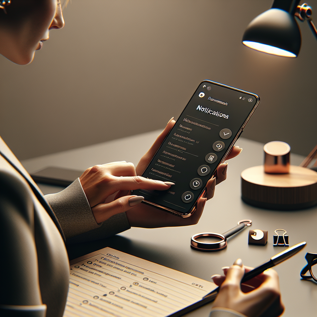 Editorial, clean shot of a person customizing notification settings on a smartphone displaying a generic social media app similar to Truth Social. Include side-by-side comparison notes (pros/cons) on a notepad, warm neutral lighting, modern desk setup, focus on clarity and professionalism.