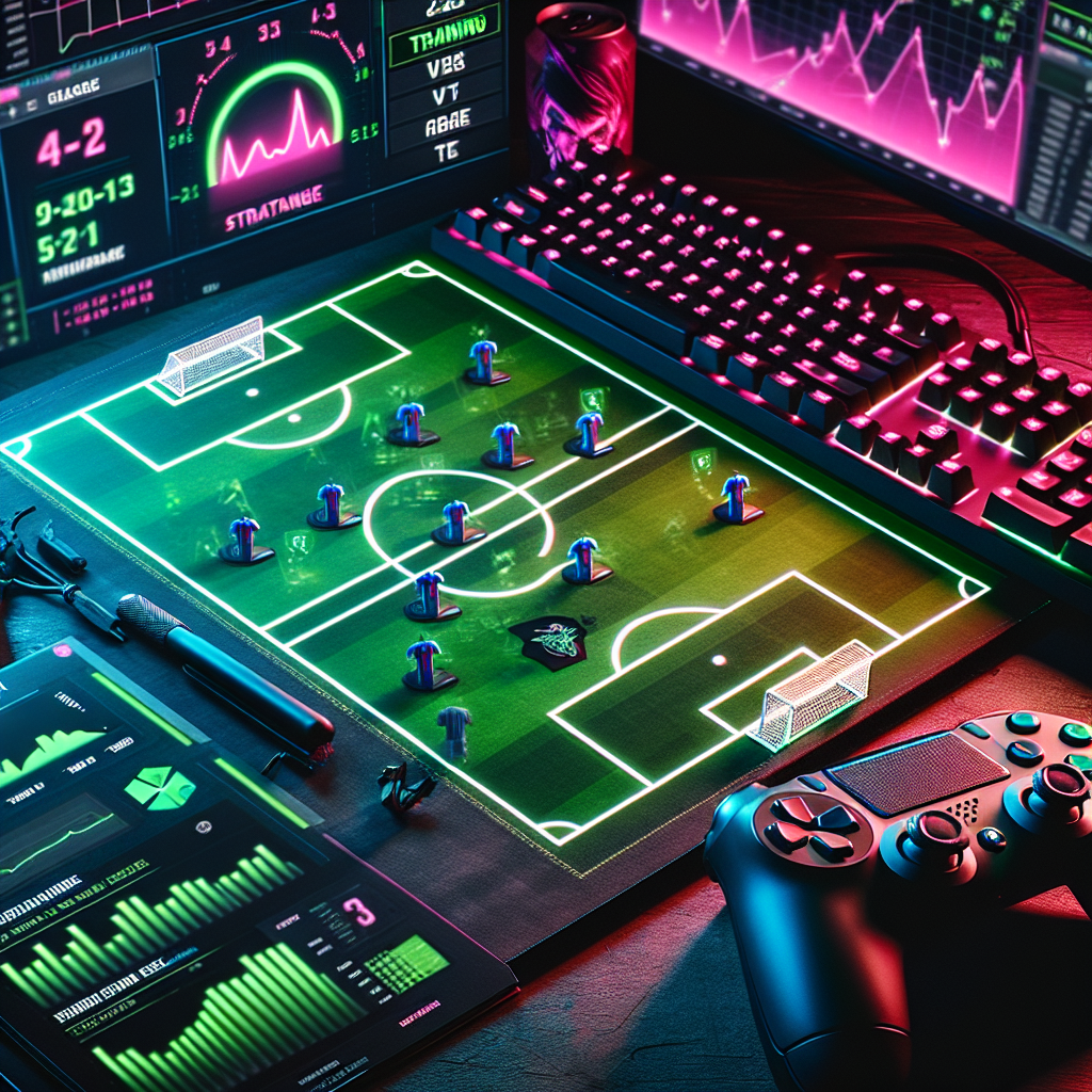 e스포츠 감성의 fc온라인 전략 씬: 4-2-3-1 전술 화이트보드, 집중 훈련 슬라이더와 스탯 바, 거래소 그래프, 책상 위 레이저 Wolverine V3 TE 유선 패드, 배경에 FSL 아레나 조명. 네온 색감, 선명한 UI, 상단에서 내려다본 구도.