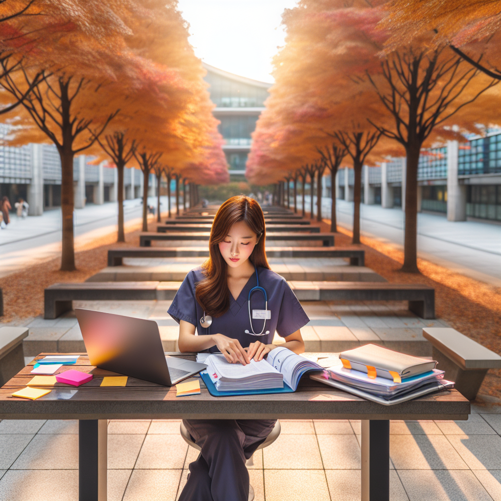 Bright daytime photo of a modern Korean university campus walkway with autumn trees, a focused nursing applicant at an outdoor table reviewing transcripts and a neatly organized portfolio, laptop and planner open, sticky notes and highlighters, calm and aspirational mood, soft natural light, realistic documentary style