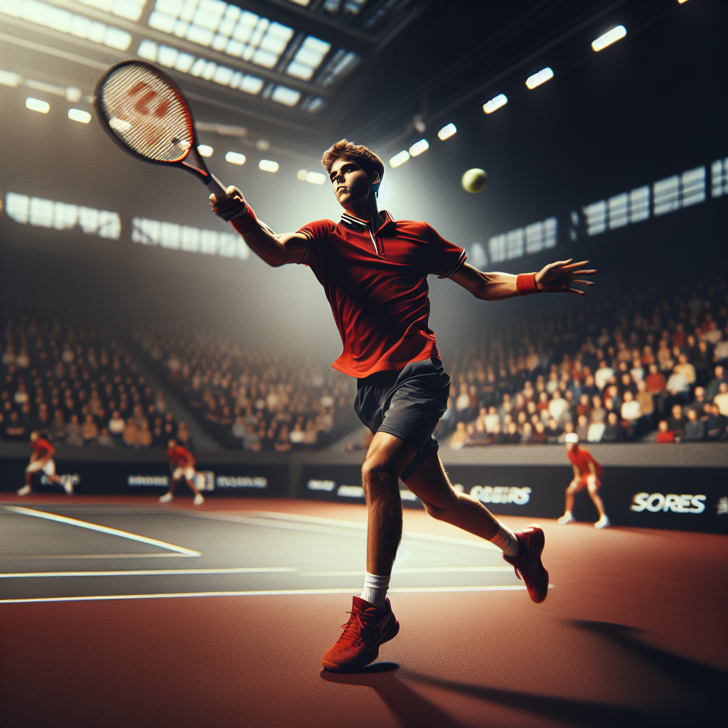 실내 하드 코트에서 포핸드를 휘두르는 야닉 시너의 역동적인 액션 샷. 고속 셔터로 볼과 라켓의 순간을 포착, 관중은 보케 처리. 강한 콘트라스트, 적색 계열 유니폼, 브랜드 로고 노출 없음, 85mm 렌즈, f/2.0, 1/2000s, 스포츠 잡지 표지 느낌.