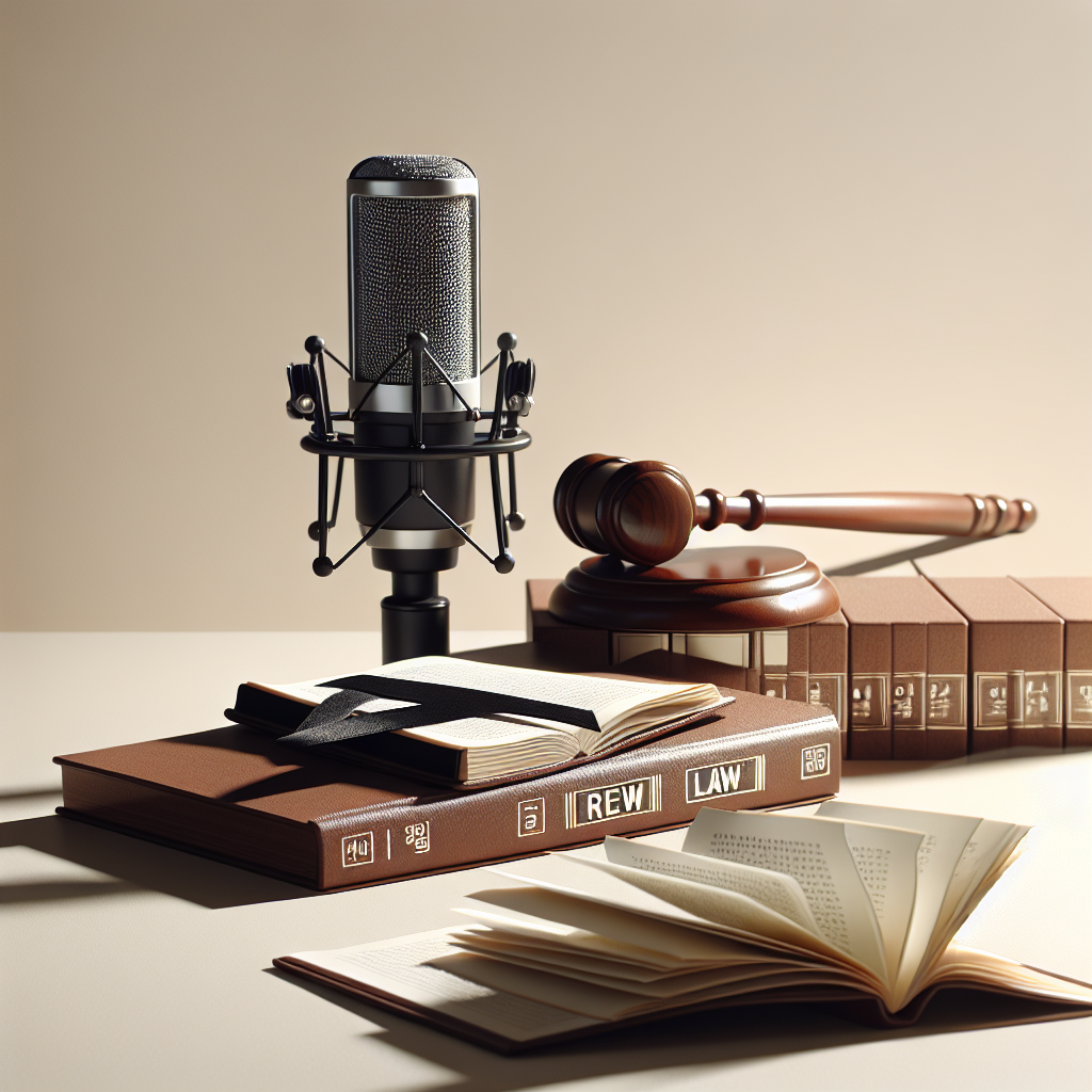 A respectful, minimalist editorial illustration symbolizing legal insight in South Korea: a wooden judge's gavel resting beside open law books with neatly tabbed pages, a studio microphone hinting at media commentary, and a subtle black ribbon for remembrance. Soft daylight, clean desk surface, neutral tones, no people, high-resolution.