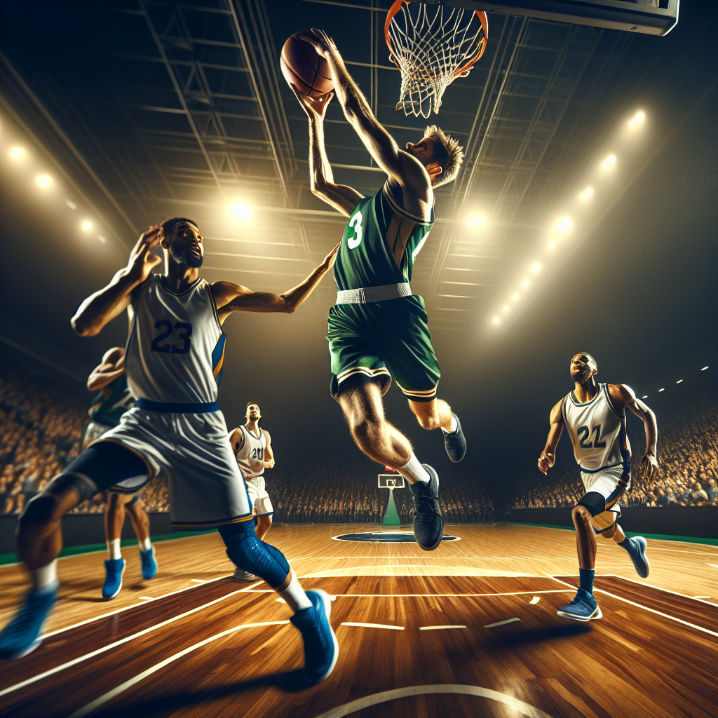 Dynamic NBA scene of Milwaukee Bucks vs Golden State Warriors: green vs blue-gold uniforms, Giannis-style power drive at the rim, Curry-like off-ball movement, split cuts, packed arena, dramatic lighting, wide-angle courtside view, motion blur, high detail, 8k, broadcast-ready composition.