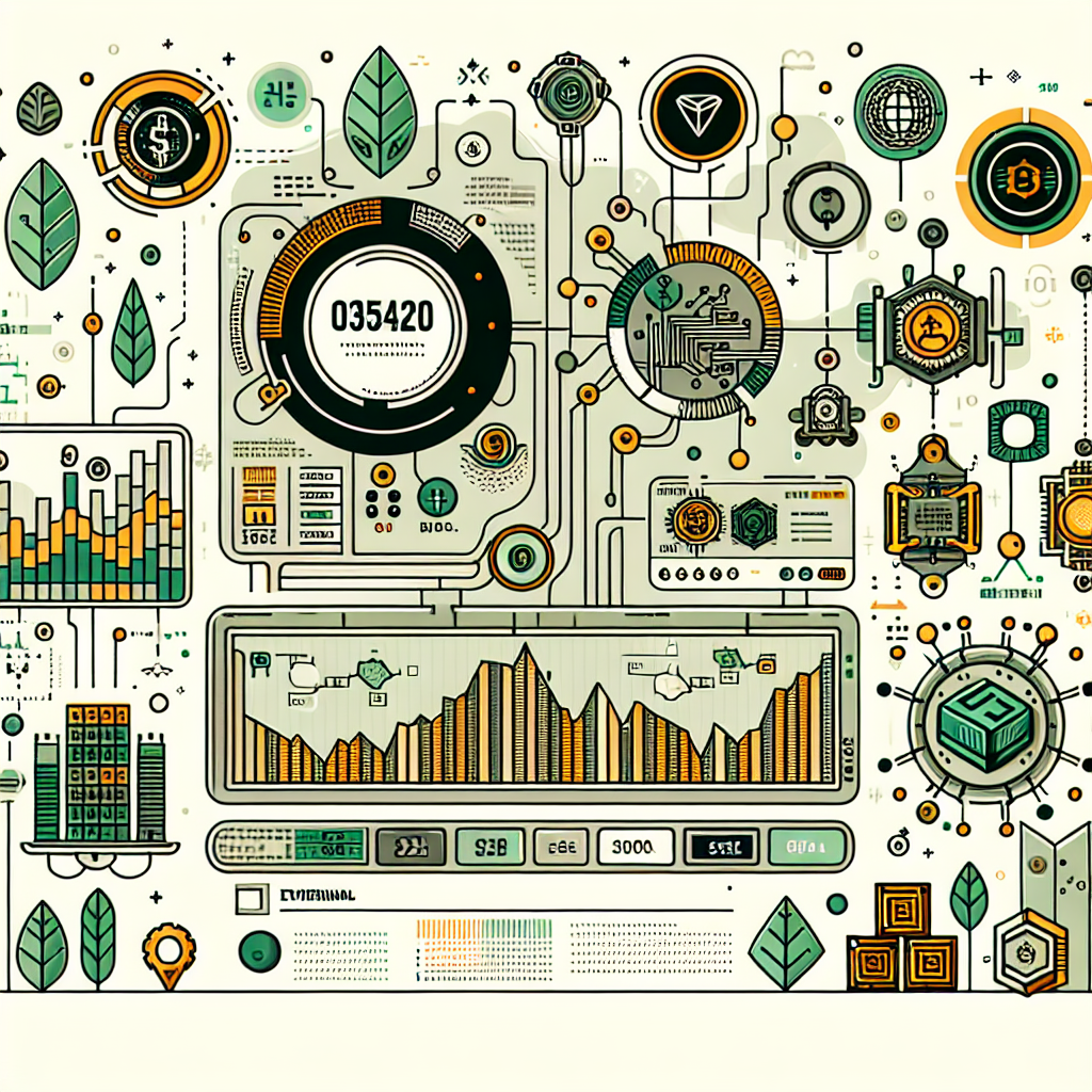 Infographic-style illustration of NAVER stock analysis on a Korean trading dashboard (ticker 035420), clean white background with green accents, AI chip and blockchain motifs symbolizing AI and Dunamu synergy, balanced neutral tone, high detail, vector flat design