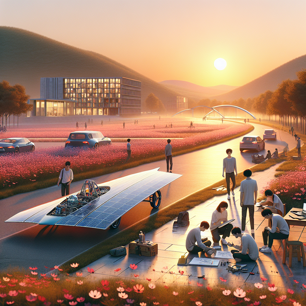 Photorealistic, warm autumn sunset on Kyungil University (Hayang) campus. Students collaborate around a sleek solar car prototype (adventure class), sketching and checking telemetry. In the background, gentle hills and a ribbon of cosmos flowers reminiscent of Daebu submerged bridge scenery. Subtle visual hints of nearby accommodation (modern hotel facade) and cozy study spots. Natural colors, wide-angle composition, candid student teamwork, documentary style.