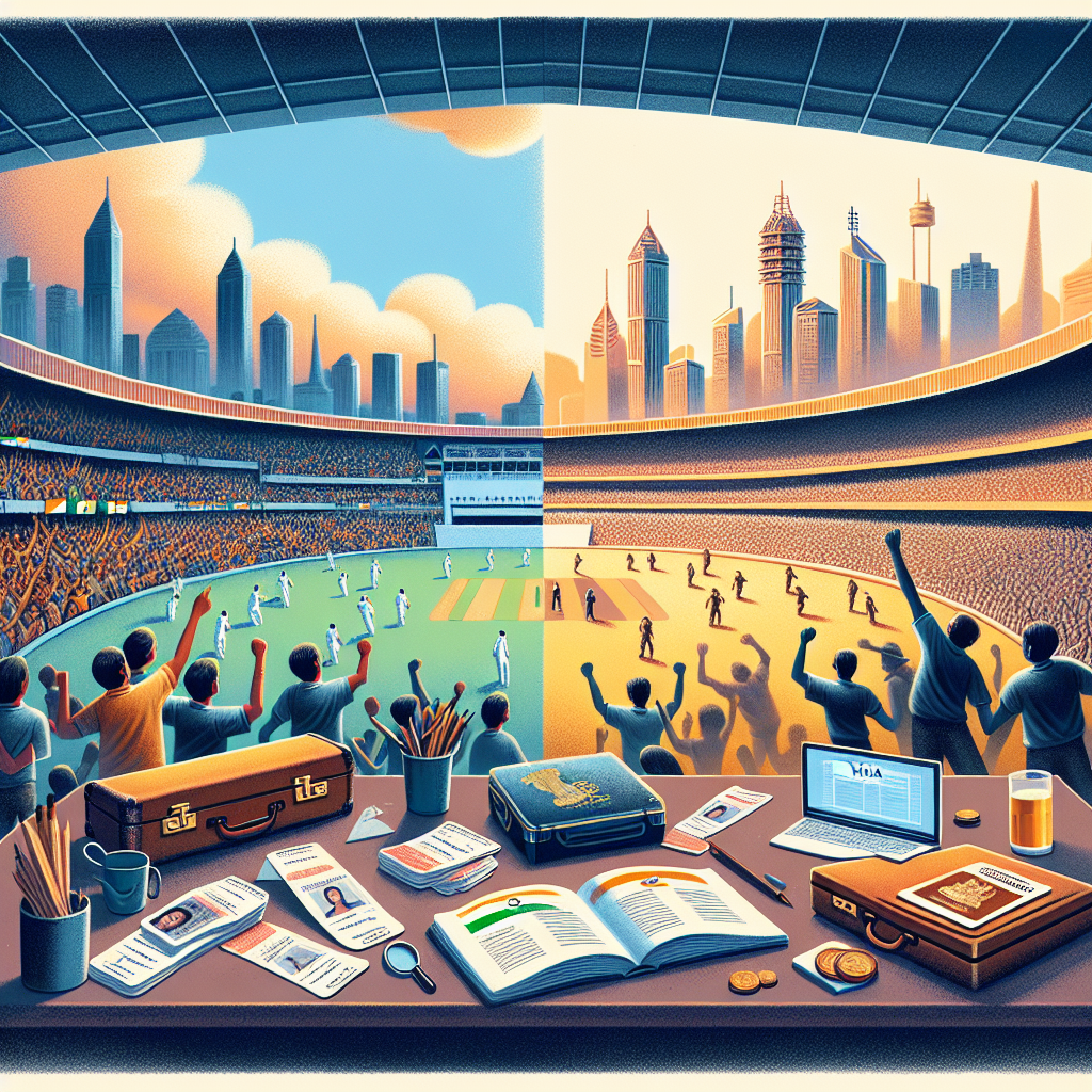Split-scene editorial illustration of India vs Australia: cricket stadium with Indian and Australian fans, Mumbai and Sydney skylines, visa documents and suitcase on a desk, warm natural light, crisp vector-meets-painterly style, high detail, inviting and informative