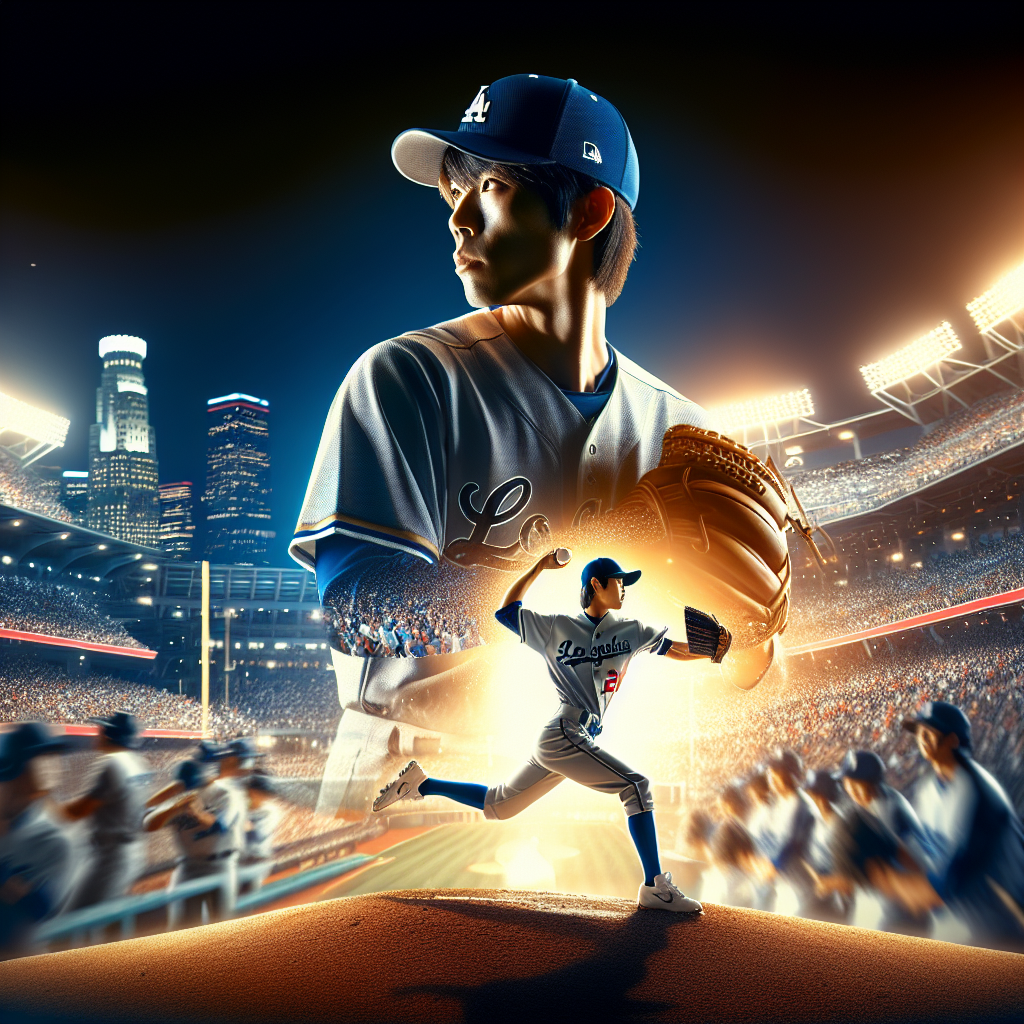 Shohei Ohtani in a Los Angeles Dodgers uniform depicted in a dynamic dual-exposure scene: one pose mid-windup on the mound, another swinging the bat, under World Series night lights, packed stadium, cinematic lighting, high contrast, shallow depth of field, motion blur on crowd, crisp detail on Ohtani, inspirational, editorial style
