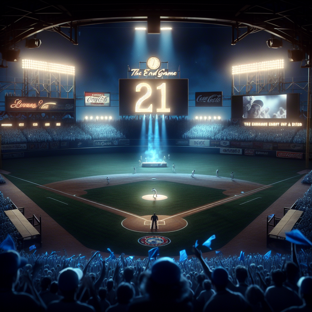 야간의 삼성 라이온즈 파크, 그라운드 중앙에 21번이 크게 조명된 영구결번 세리머니 무대. 마운드 위에 푸른 조명이 퍼지고, 외야 불펜 쪽 문이 열리며 한 시대의 마무리를 상징하는 연막과 스포트라이트. 관중석은 블루 타월 웨이브로 물결치고, 전광판에는 ‘끝판대장 오승환’ 헌정 영상이 흐르는 순간. 고해상도, 다큐멘터리 스타일, 웅장한 분위기, 삼각대 촬영, 50mm 렌즈 느낌.