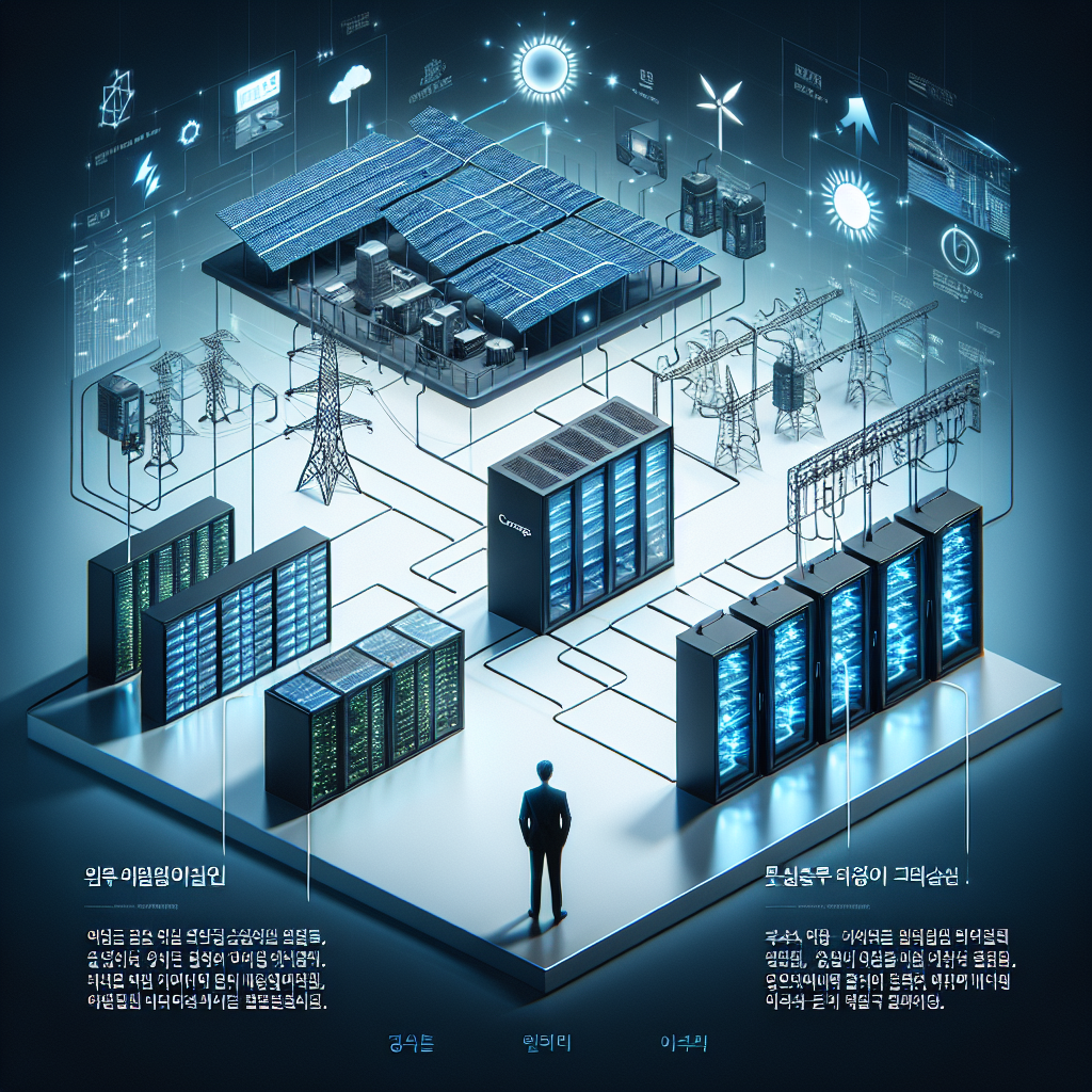 대형 데이터센터와 재생에너지(태양광·풍력)가 전력망을 통해 대형 ESS 배터리 랙으로 연결되는 흐름을 보여주는 한국어 인포그래픽. 차분한 파란·검정 톤, 미래지향적 조명, 실내 배터리 랙의 디테일, 사람 실루엣은 최소화, 브랜드 로고 없음, 초고해상도.