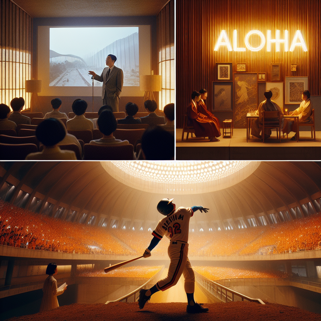 A clean editorial collage: 1) a Korean film director giving a talk in a modest auditorium, the word 'ALOHA' on the screen; 2) a Hanwha Eagles baseball player mid-swing under stadium lights at Daejeon Hanwha Life Eagles Park, fans cheering in orange; 3) an art installation of delicate wind-inspired fabrics and light inside a mid-century modern Korean house (Yeonhui House by Kim Chung-up). Warm natural light, high detail, documentary photo style.