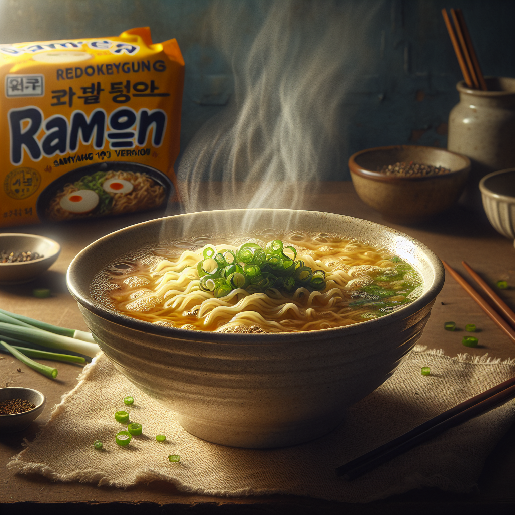 따끈한 삼양 우지라면(삼양1963) 한 그릇이 테이블 위에 놓인 장면. 김이 모락모락 올라오고, 황금빛 고소한 국물에 탄력 있는 면발, 잘게 썬 파와 후추가 살짝 뿌려져 있다. 배경은 남대문시장 느낌의 레트로 분위기. 자연광, 극사실적 음식 사진, 4K, 상업용 푸드 스타일링. 제품 포장은 화면 가장자리에 레트로한 노란색 무지 포장으로 암시하되 브랜드 로고는 비노출.