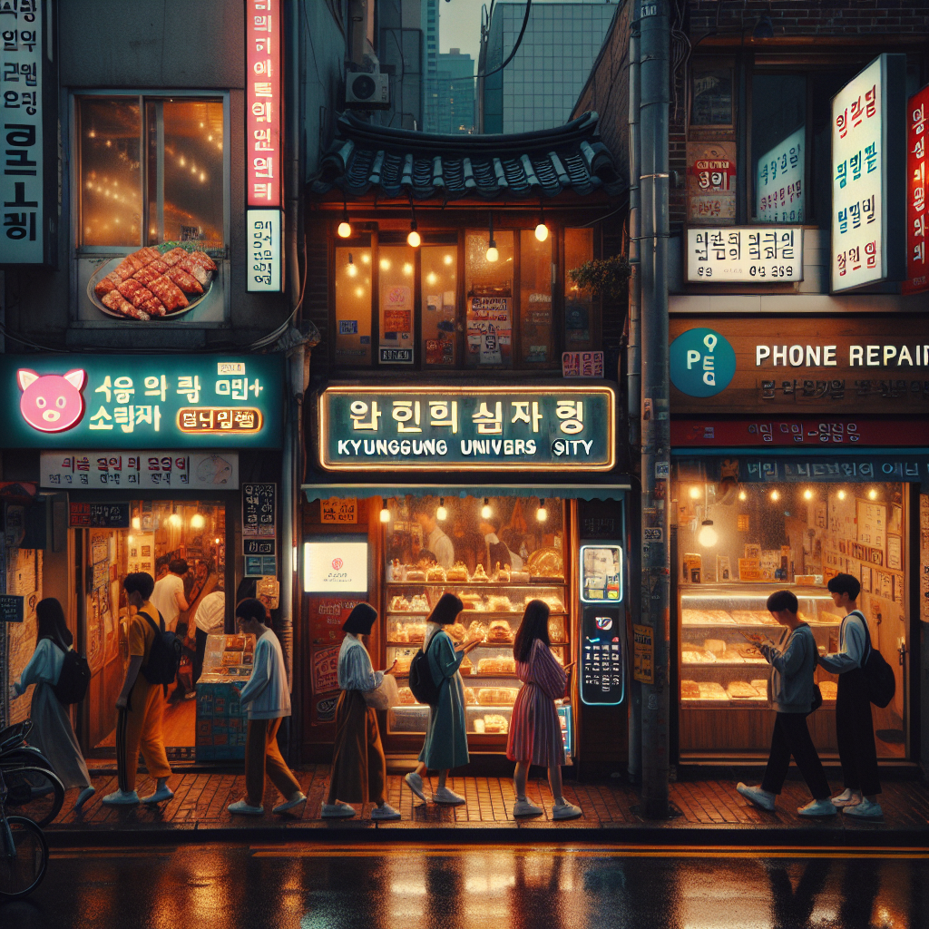 Cinematic, evening street scene around Kyungsung Univ.-Pukyong Station in Busan; neon restaurant signs, cozy pork BBQ, a bakery window with artisan breads, a small phone repair shop, a beauty salon, students walking; warm lighting, light drizzle reflections on pavement, 35mm street photography, high detail, natural colors.