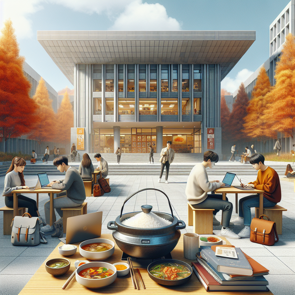 Autumn scene at Duksung Women’s University in northern Seoul near Bukhansan: clean campus entrance with students studying on laptops, calm academic vibe, nearby Korean food table setting with hot stone pot rice, bulgogi, and mild soup; clear sky, warm natural light, inviting yet focused atmosphere.