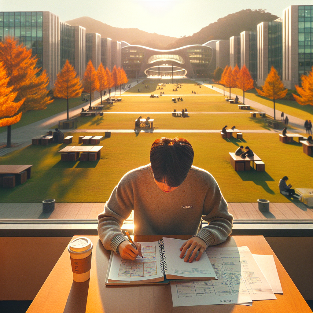 늦가을의 가천대학교 캠퍼스 전경, 따뜻한 햇살 아래 잔디와 현대적인 건물. 한 수험생이 바 테이블에 플래너와 노트를 펼쳐 약술형 논술 답안 구조와 편입 과목 계획을 체크한다. 깨끗한 미니멀 톤, 높은 선명도, 현실적인 사진 스타일.