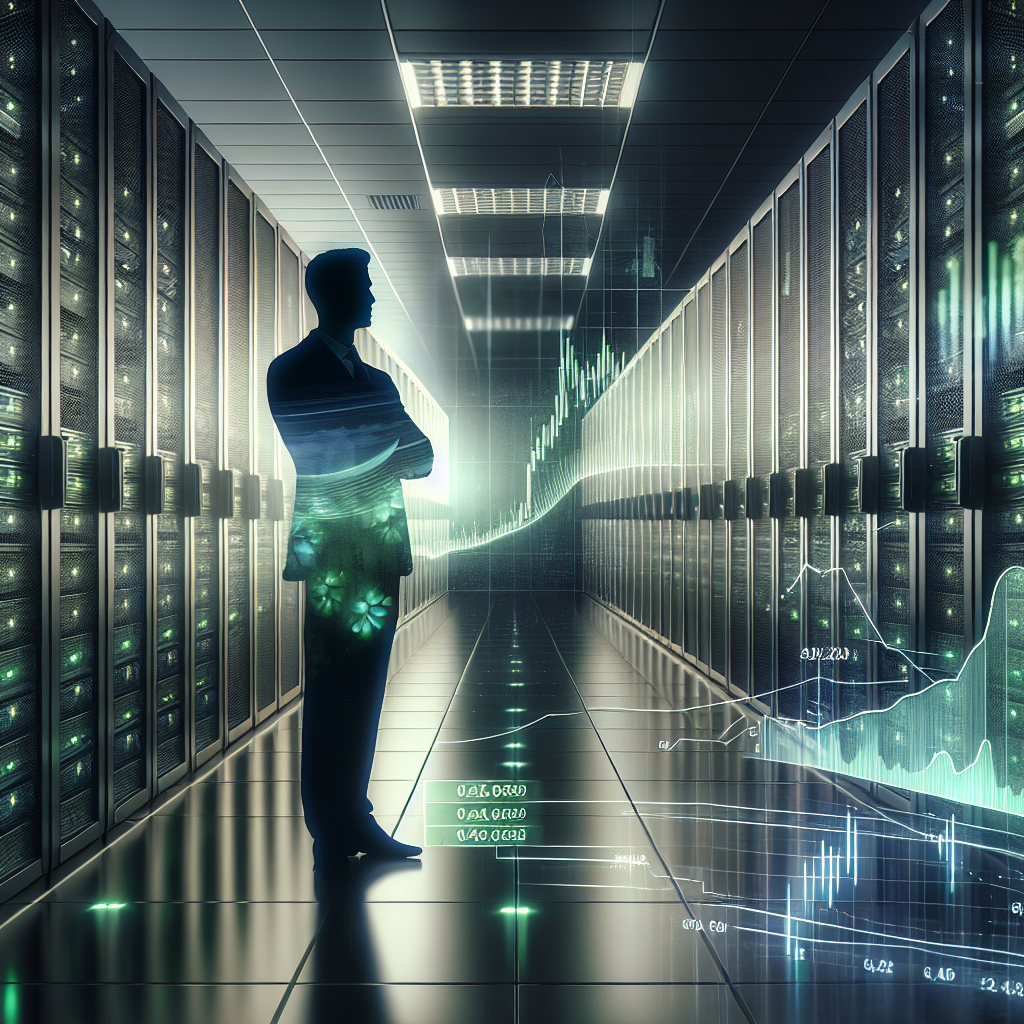 현대적 데이터센터 내부 전경에 nvda GPU가 장착된 서버 랙이 연속적으로 배치된 모습, 전면에는 젠슨 황 실루엣과 주가 차트 오버레이가 반투명하게 겹쳐진 인포그래픽 스타일. 차분한 다크톤에 네온 그린 포인트, 균형 잡힌 조명, 잡지형 고해상도 아트.