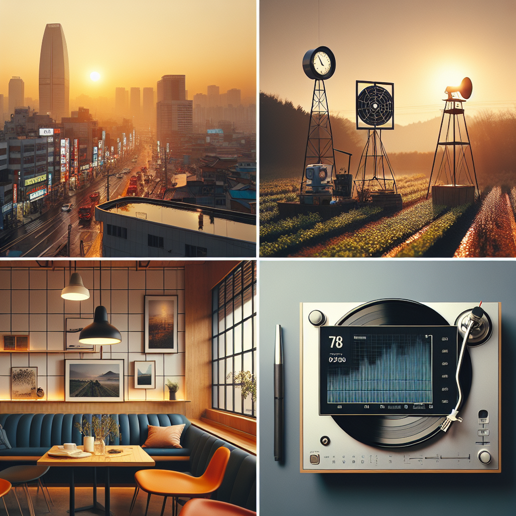 A clean, magazine-style composite: morning in a Korean city with a smartphone showing a detailed weather app (radar and rain intensity), a small farm corner with a compact weather station and rain gauge, a cozy Nordic-inspired cafe interior with warm light, a jazz vinyl spinning on a turntable, and a minimalist balanced-portfolio chart; warm daylight, soft shadows, high detail, realistic photography.