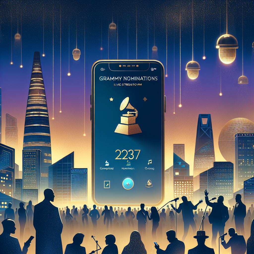 심플하고 현대적인 에디토리얼 일러스트: 새벽의 서울 스카이라인 앞, 스마트폰 화면에 ‘GRAMMY nominations 2026’ 라이브 스트림 카운트다운이 떠 있고, 금색 노미네이션 봉투와 마이크, 다양한 장르 아티스트의 실루엣이 배경에 겹쳐짐. 미드나잇 블루와 웜 골드 팔레트, 세련된 UI 오버레이, 약한 콘페티. 기대감과 글로벌 포용을 암시하는 분위기.