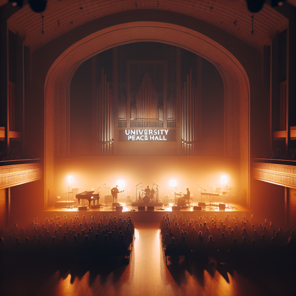 Warm, intimate concert scene at Kyung Hee University Peace Hall during evening; soft amber stage lighting, minimalist stage design, audience in gentle silhouette, emphasis on music-focused atmosphere; no visible branding or artist likeness; cinematic, grainy film texture, 50mm lens look.