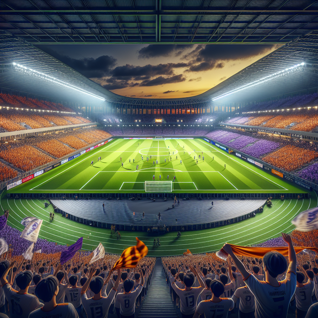야간 축구 빅매치 경기장 전경, 주황색 스카프 팬과 보라색 스카프 팬이 반대편 응원석에 물결처럼 응원하는 장면, 제주 섬의 바람을 느끼게 하는 하늘과 깃발, 잔디가 선명한 프로경기 경기장, 세트피스 준비 상황을 포착한 광각 샷, 사람들의 표정은 역동적이고 즐거움 가득, 상업 로고나 텍스트는 없이 깨끗한 분위기, 고해상도, 자연광, 사진 실사 느낌