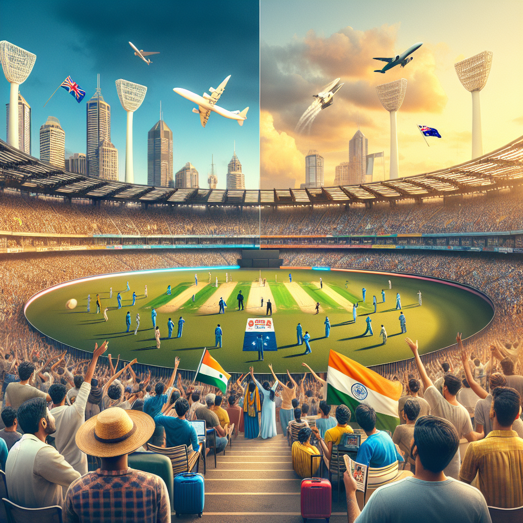 Split-screen panoramic scene: left half Mumbai Wankhede Stadium, right half Melbourne MCG during a cricket match; diverse fans waving India and Australia flags; overlay of study-abroad icons, visa documents, and travel elements; warm golden hour lighting, editorial-realistic, high detail, 4k