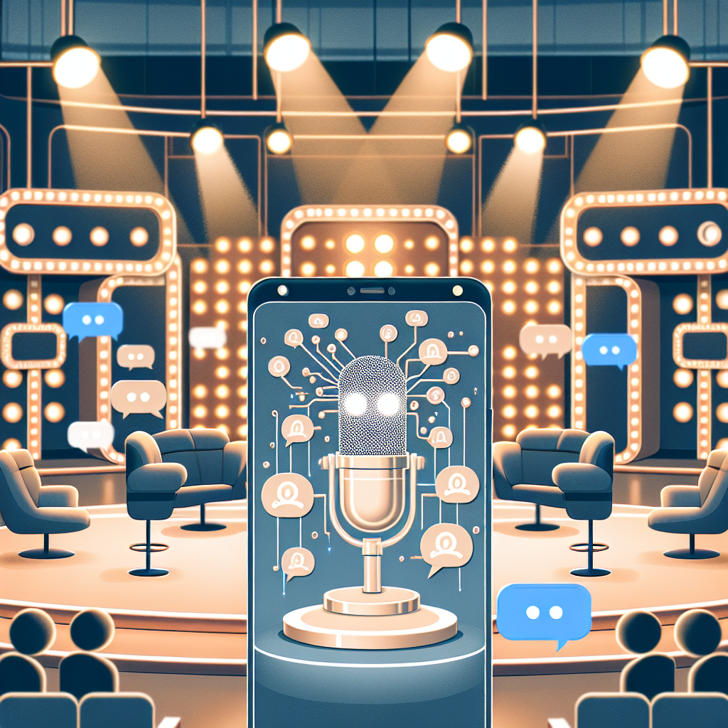 Editorial illustration in a clean, modern style: a Korean TV variety show studio with warm lights and empty microphone stands, a smartphone screen showing a glitchy 'AI' overlay symbolizing deepfake rumors, floating chat bubbles and a shield icon for legal protection. No real-person likeness. Neutral, balanced color palette, 16:9.