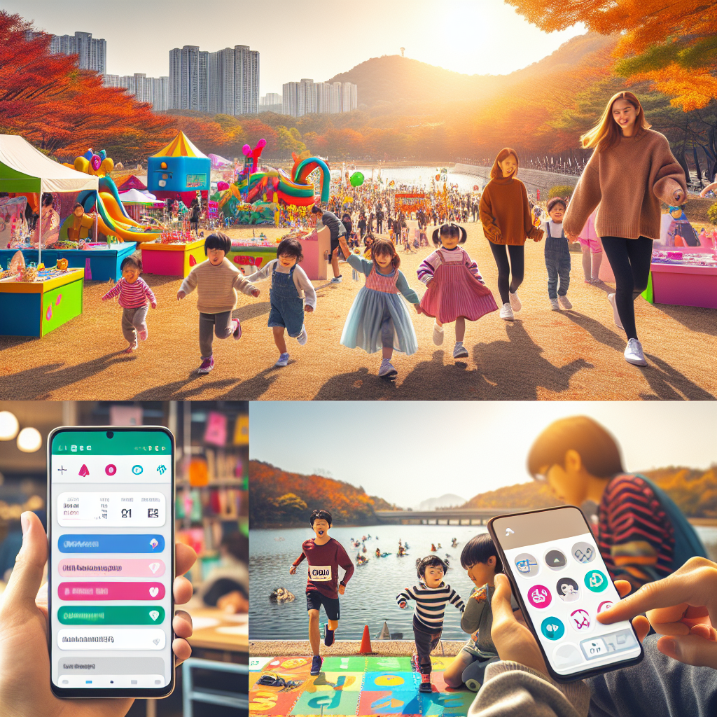 밝은 가을 하늘 아래 잠실 잔디광장에서 진행되는 가족 중심 육아페스티벌, 색색의 부스와 아이들이 체험하는 장면, 한 켠에는 조선일보 로고가 보이는 안내 배너. 이어지는 장면으로 호수와 단풍을 배경으로 한 춘천마라톤 러너들의 역동적인 질주, 번호표와 보급소가 보임. 옆에는 스마트폰 화면에 조선일보 뉴스 앱 인터페이스(알림 설정, 북마크)가 깔끔하게 표시. 실내에서는 유학 준비생과 멘토가 상담하는 교육센터 풍경. 전반적으로 에디토리얼 포토 스타일, 자연광, 높은 선명도, 텍스트 오버레이 없음.