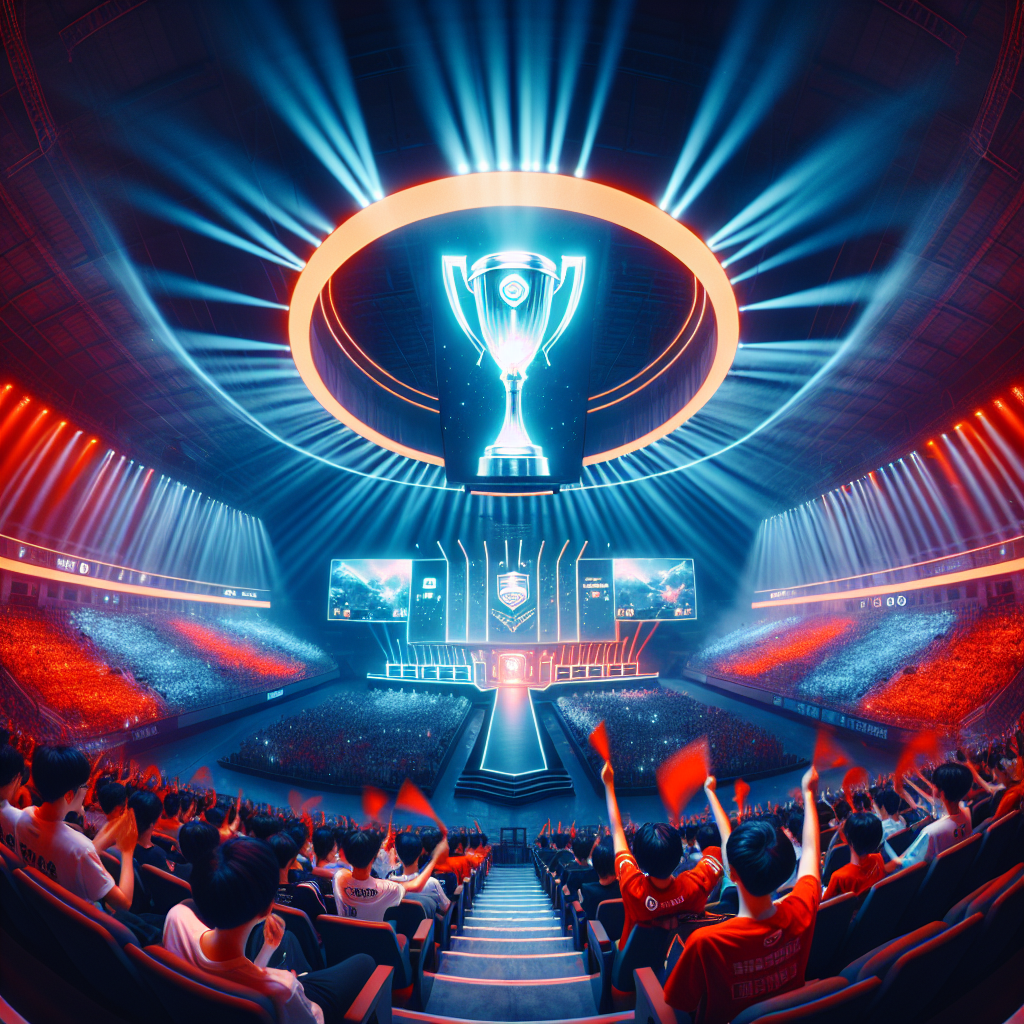 청두의 밤, 가득 찬 e스포츠 아레나. 중앙에 빛나는 디지털 트로피 홀로그램, 좌우로 붉은/푸른 조명으로 양분된 무대, 응원봉을 든 관중과 드라마틱한 스폿라이트. 초광각, 시네마틱, 역동적 조명, 특정 로고나 텍스트 없이 분위기 중심.
