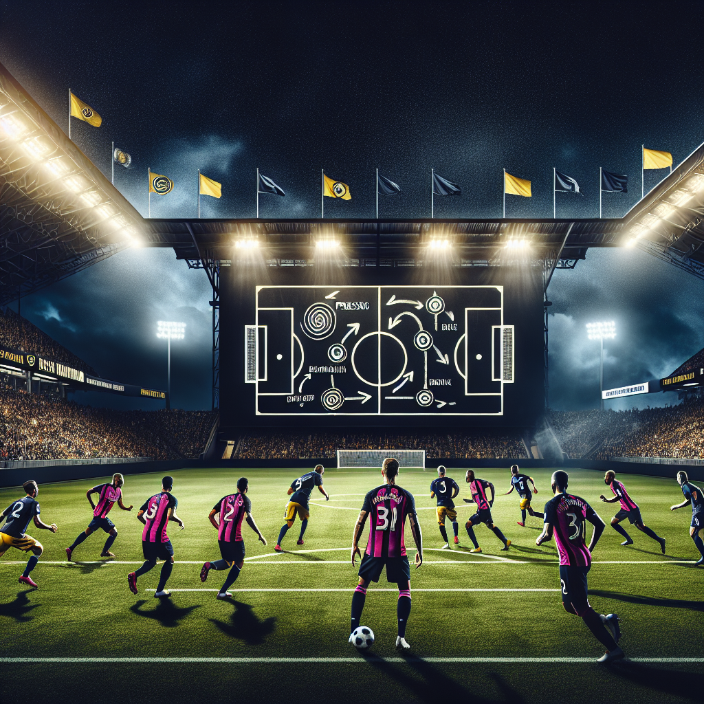 Cinematic night-time MLS match scene, Inter Miami vs Nashville SC. Wide-angle stadium view with vibrant pink/black vs gold/navy accents, humid Miami air, flags waving, tense crowd. Tactical chalkboard overlay showing pressing and build-up arrows. Subtle silhouette hint of a star player uncertainty. High contrast lighting, 16:9, realistic, detailed, dynamic sports photography.