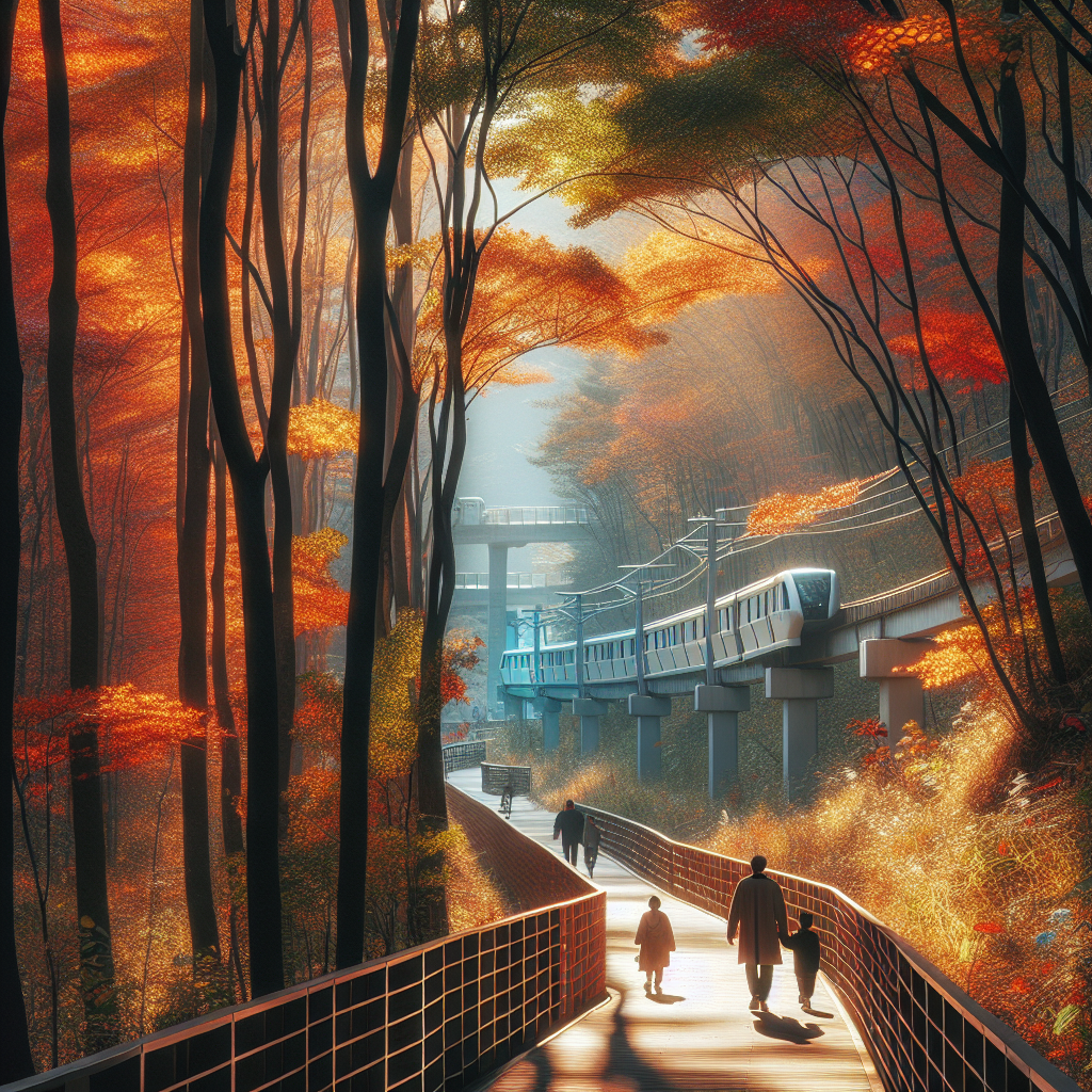 한국 가을의 단풍이 곱게 물든 숲길과 완만한 산책 데크, 멀리 화담숲 모노레일이 지나가고 전면에는 가족이 천천히 걷는 장면. 따뜻한 오후 햇살, 선명한 주황·붉은 단풍, 차분한 자연광, 현실적인 다큐 스타일, 35mm, 높은 디테일.