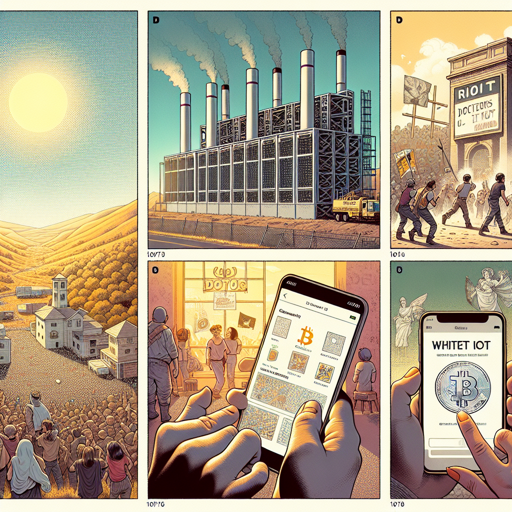 A cohesive split-panel editorial illustration about 'riot': 1) a sunlit, Texas-scale Bitcoin mining campus labeled RIOT with cooling stacks; 2) a clean gamer UI screen showing a user changing a 'Riot ID'; 3) a 1977 punk rock concert crowd with a 'White Riot' poster; 4) a delicate calligraphy piece reading 'Tiny Riot' on small paper; 5) an 18th-century street protest scene referencing Doctors' riot. Modern, high-detail, warm-cool balanced color palette.