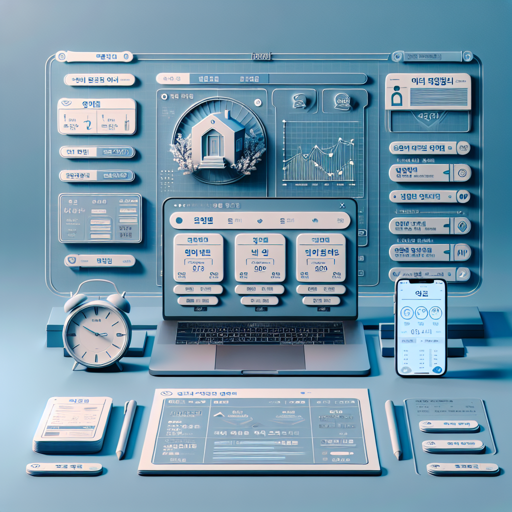파란 톤의 차분한 배경 위, 한국의 청약홈 화면이 떠 있는 노트북과 스마트폰이 나란히 배치. 화면에는 신청 버튼, 경쟁률 그래프, 발표 알림 아이콘이 보인다. 옆에는 체크리스트, 시계(마감 시간 강조), '특공·1순위·무순위' 라벨이 표기된 스티커가 정돈돼 있다. 선명하고 깔끔한 인포그래픽 스타일, 실전 가이드의 신뢰감을 주는 이미지.