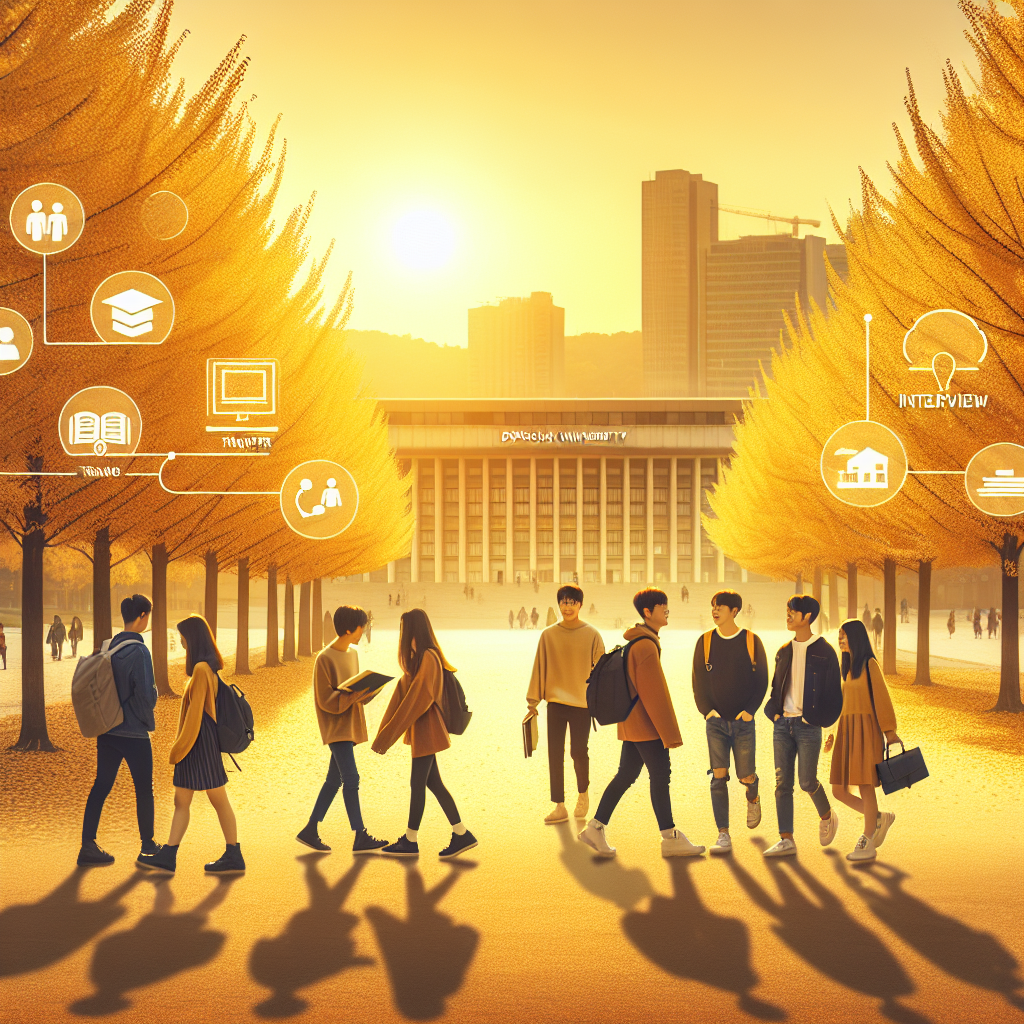 가을의 동국대학교 인근 은행나무길을 황금빛으로 표현. 학생들이 책과 노트를 들고 산책하며 대화를 나누는 장면. 멀리 보이는 캠퍼스 건물 실루엣, 부드러운 오후 햇살, 따뜻한 색감, 현실적인 사진 스타일, 심플한 인포그래픽 오버레이(편입·면접·생활 아이콘).