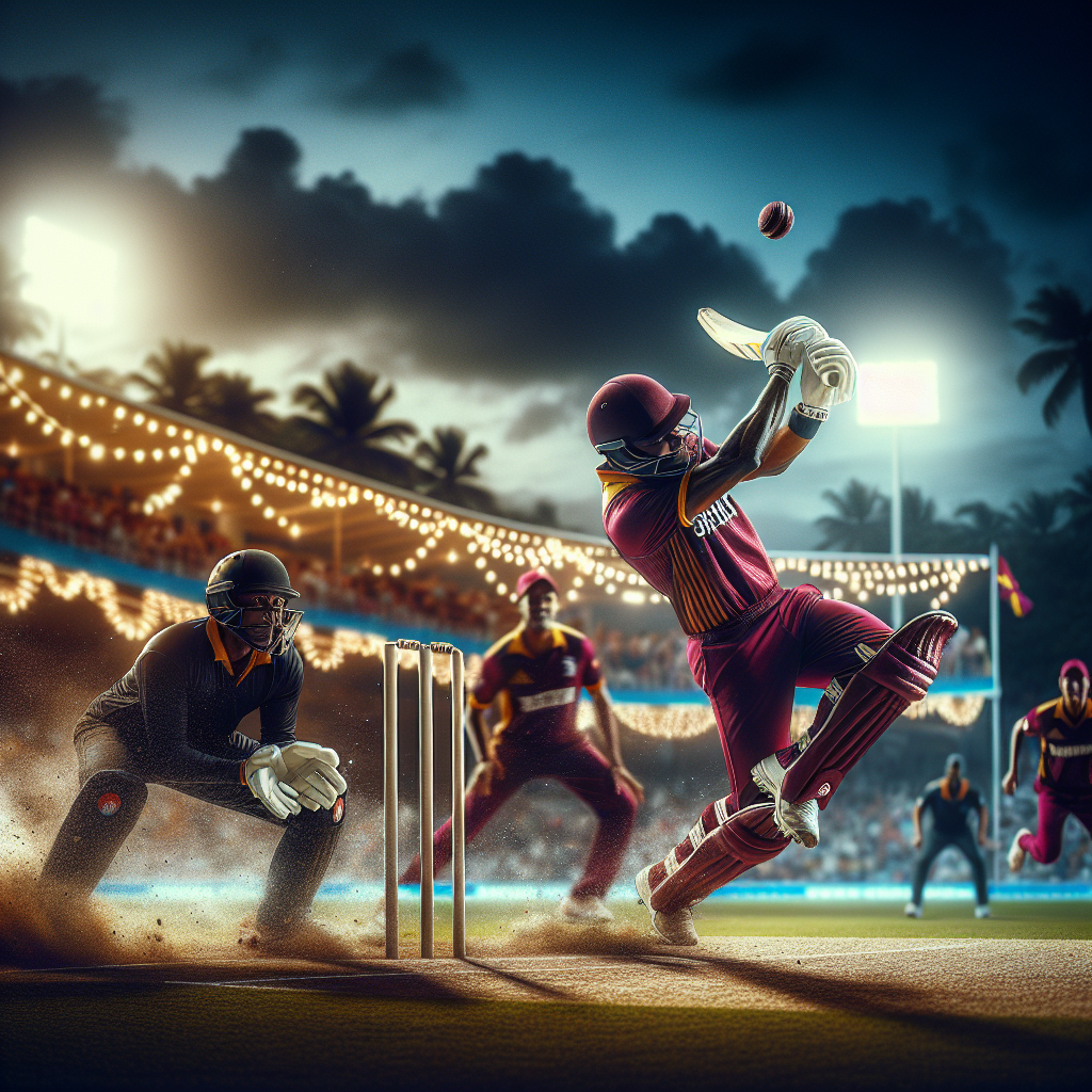 A dramatic twilight cricket scene of West Indies vs New Zealand: maroon-clad power-hitter launching a six against a black-caps fast bowler, palm-fringed Caribbean stadium lights, vibrant crowd, visible swing seam, dynamic motion blur, high-contrast, cinematic, 85mm, f/2.0