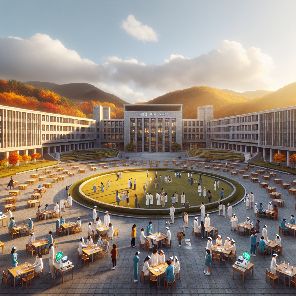 의정부 지역의 한국 대학교 캠퍼스 전경, 가을 햇살 아래 강의동과 잔디광장, 간호·방사선학과 학생들이 토론하고 상담하는 모습, 친환경 캠페인 배너가 보이는 현장, 따뜻한 색감, 현실적 디테일, 4k, 초광각 구도