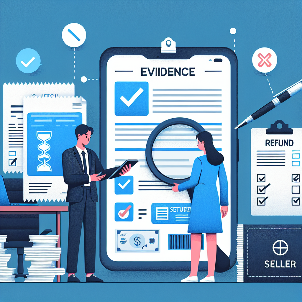 법원 공고문과 스마트폰 환불 화면을 동시에 확인하는 한국인 소비자와 셀러의 장면. 증빙 서류(영수증, 정산내역)와 체크리스트 아이콘, 침착한 톤의 모던 평면 일러스트. 파란·화이트 기반, 신뢰감, 인포그래픽 스타일, 고해상도.