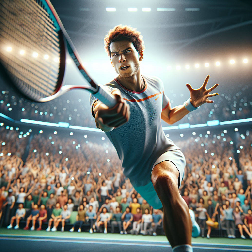 Photorealistic action shot of Jannik Sinner, Italian tennis player with short red hair, unleashing a powerful backhand during an indoor match in a packed Korean arena. Dynamic motion blur on the racket, crisp focus on the athlete’s eyes, dramatic stadium lighting, vibrant hard-court surface, energetic crowd in the background. Cinematic sports photography, 85mm lens look, f/2.8, 1/1000s shutter, high detail, no logos.
