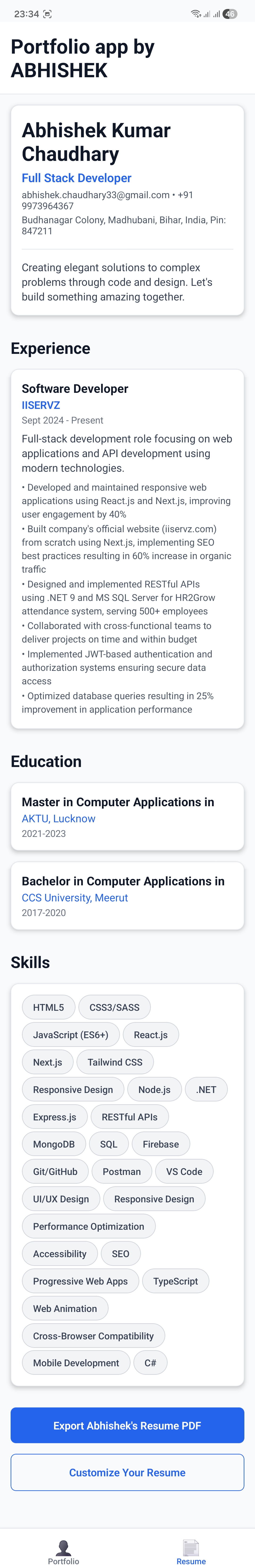 Portfolio Mobile App with Resume Builder - Screen 2