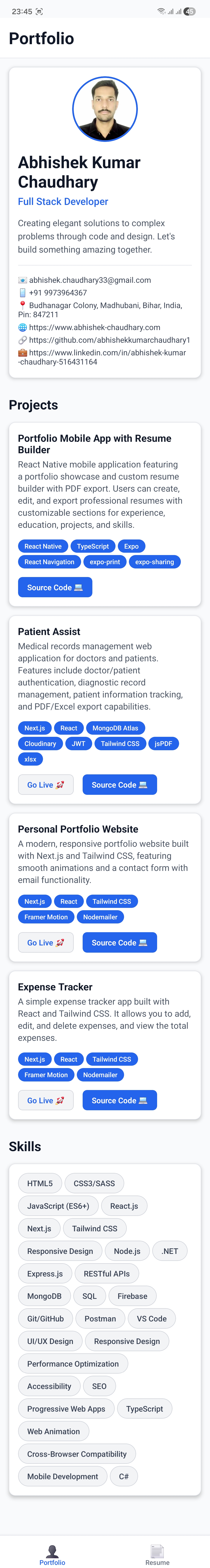 Portfolio Mobile App with Resume Builder - Screen 1