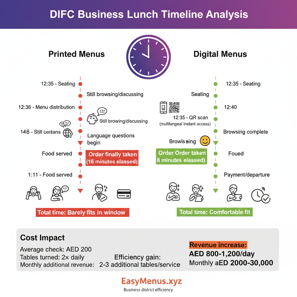 DIFC business lunch service timeline comparison showing printed menus require 16 minutes for ordering versus digital menus requiring 8 minutes, with revenue impact analysis for fine dining restaurants serving international executives
