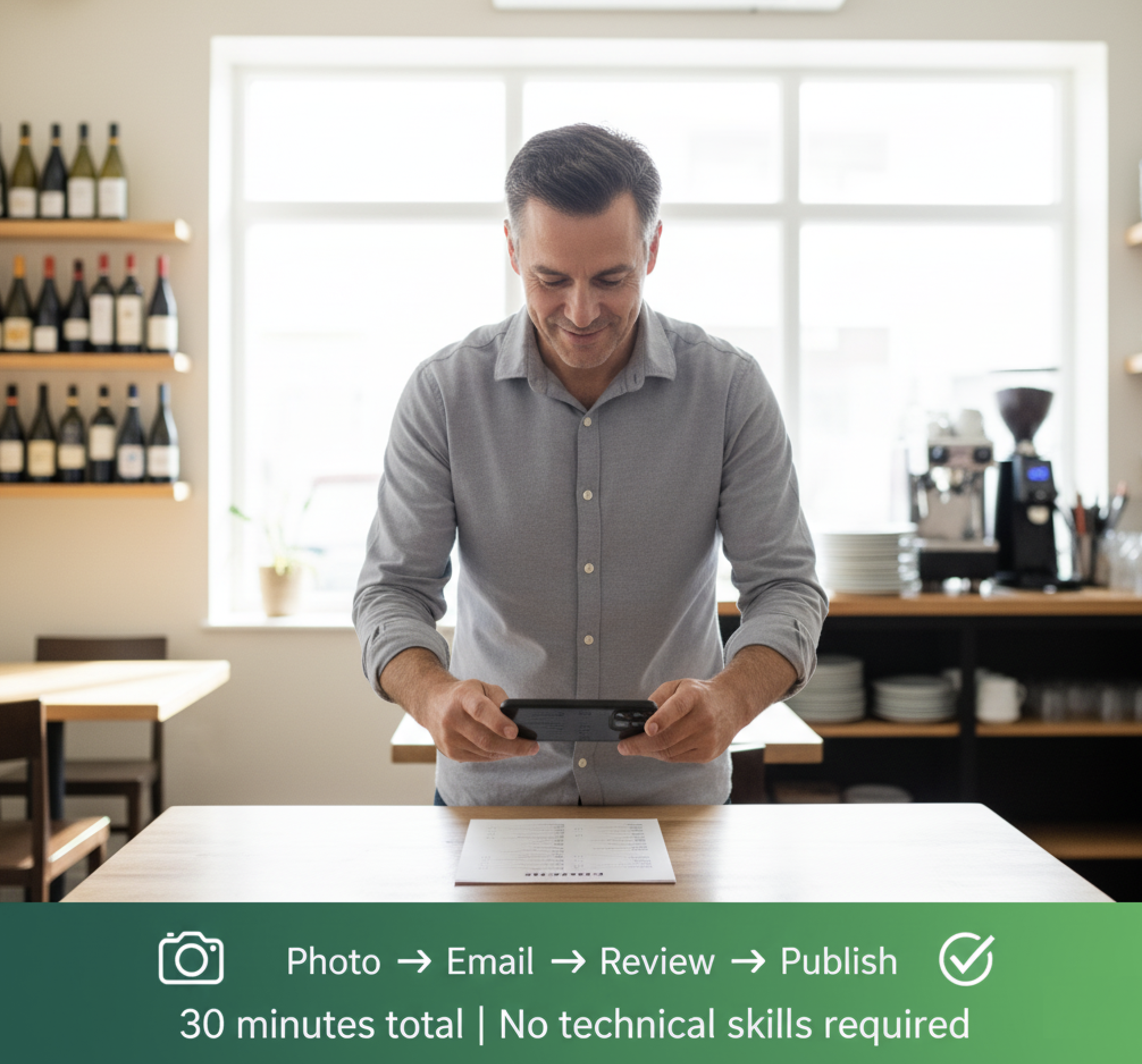 Restaurant Owner Photographing Menu with Smartphone