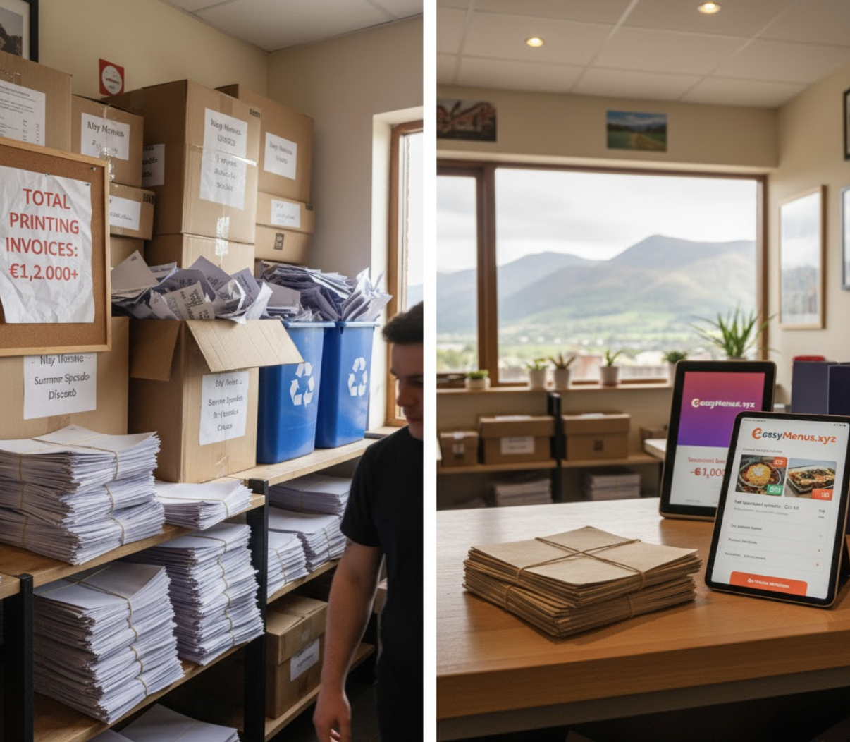 Fergal's Killarney restaurant opened May to October. Three menu prints for six months: €1,200. Leftover menus in November: 280. Pure waste.