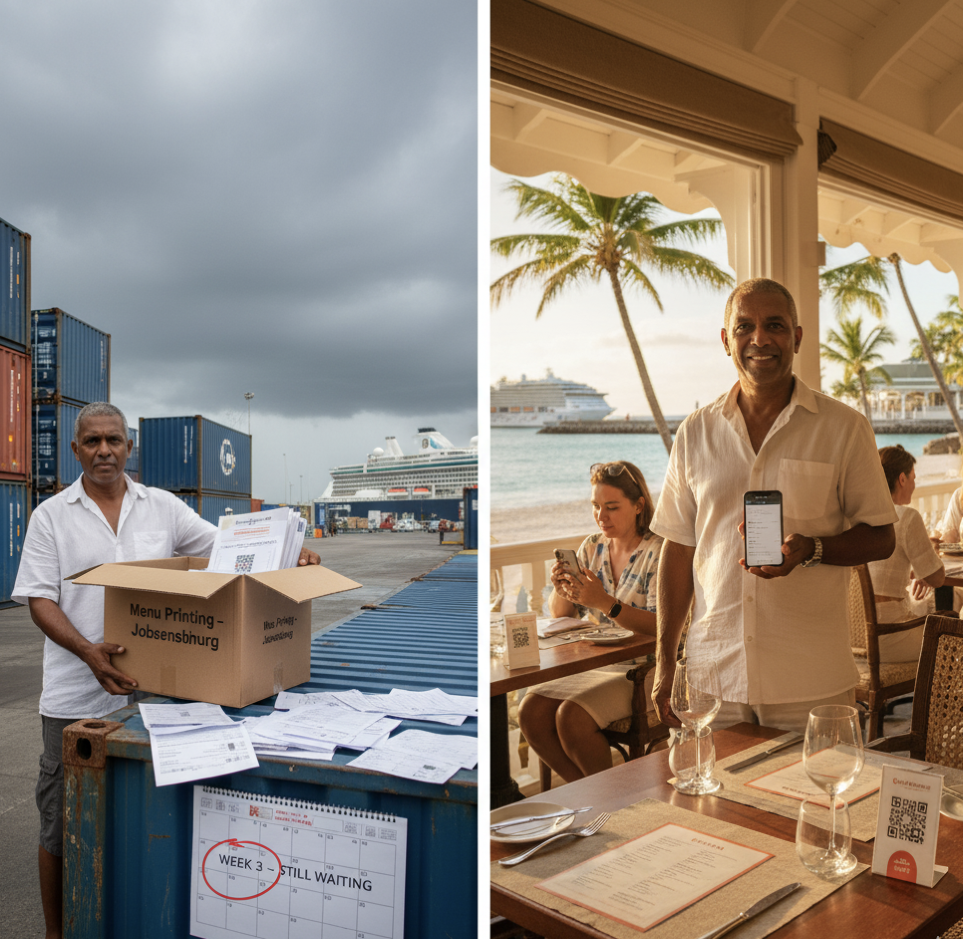 Marcel's Mauritius restaurant needs menu reprints. Shipping from South Africa: 3 weeks. Cost: triple mainland prices. Then cyclone season hit everything.