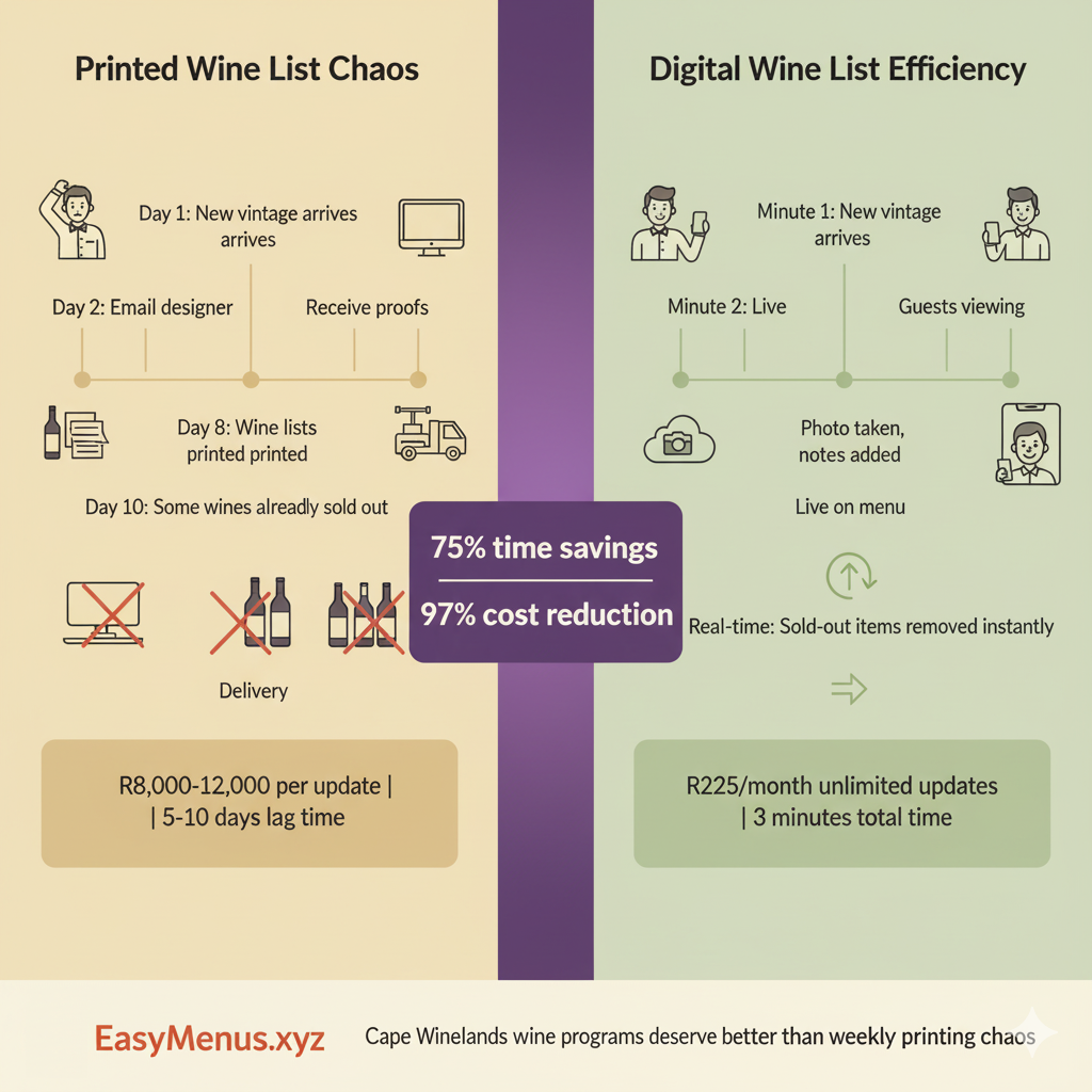 Stellenbosch Franschhoek wine list workflow comparison showing printed wine lists require 8-10 days and R8,000-12,000 versus digital updates in 3 minutes for R225 monthly, demonstrating operational efficiency for South African wine country restaurants