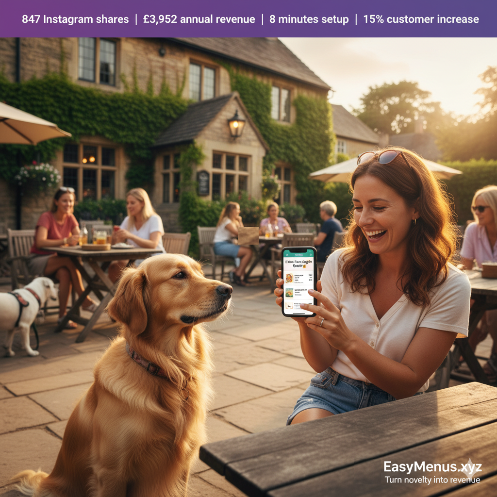 Bath pub dog menu Instagram strategy showing golden retriever viewing digital menu on smartphone with owner capturing photo—demonstrating how UK pubs generate £3,952 annual revenue from dog menus through viral social media marketing, attracting 15% more dog-owning tourists with 8-minute digital setup creating Instagram-worthy moments that generated 847 shares, 1,240 likes, and 234 additional customer visits in Year 1 for Bath tourist pub targeting 713,000+ annual dog-owning heritage site visitors.