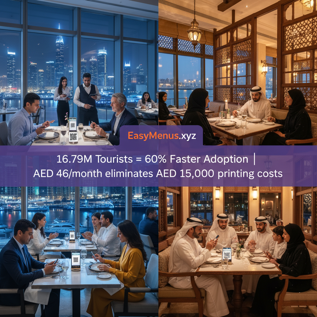Dubai Marina restaurant with international tourists using QR code digital menus versus Abu Dhabi traditional Emirati restaurant showing contrast in digital adoption rates driven by tourism volume and expat population differences