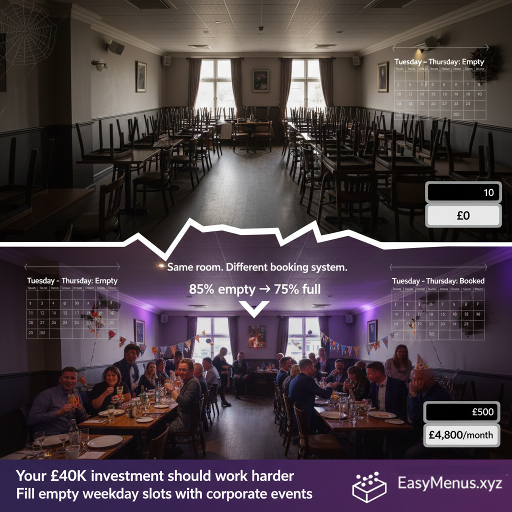 You built that function room 5 years ago. It sits empty most days. Hotels book private events constantly. The gap isn't space or food - it's menus.