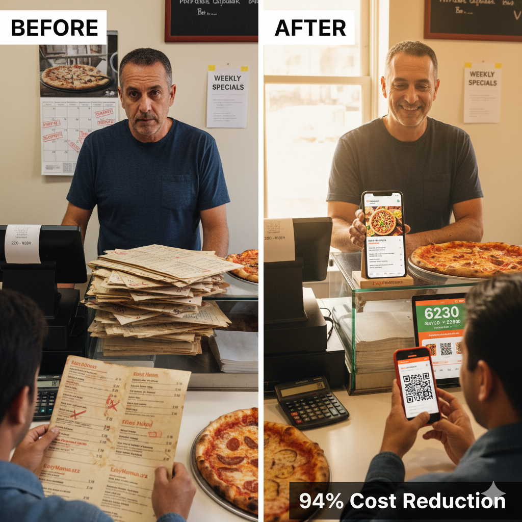 Independent pizzeria eliminated $3,840 annual printing costs, added real-time specials, increased average order value 23%. 3-week implementation.