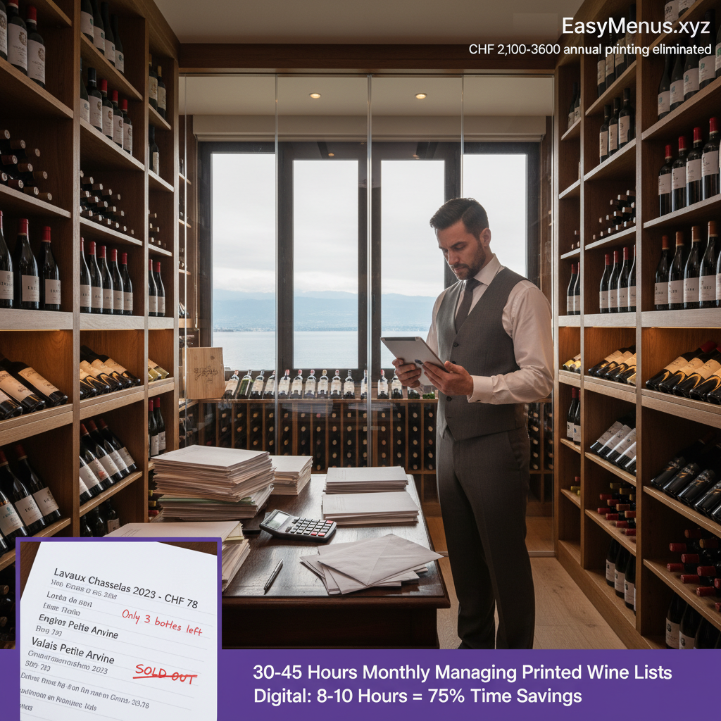 Geneva wine director managing complex wine cellar inventory with stacks of multilingual printed wine lists showing sold-out Swiss micro-production wines, illustrating 40 plus hours monthly time waste and CHF 2,100-3,600 annual printing costs for Swiss res