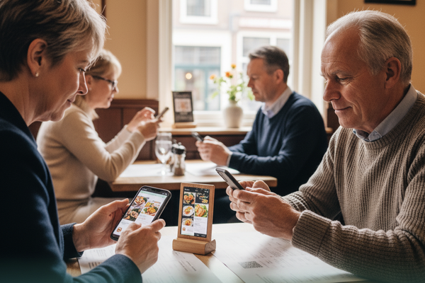 Dutch Senior Customer Using QR Menu Confidently
